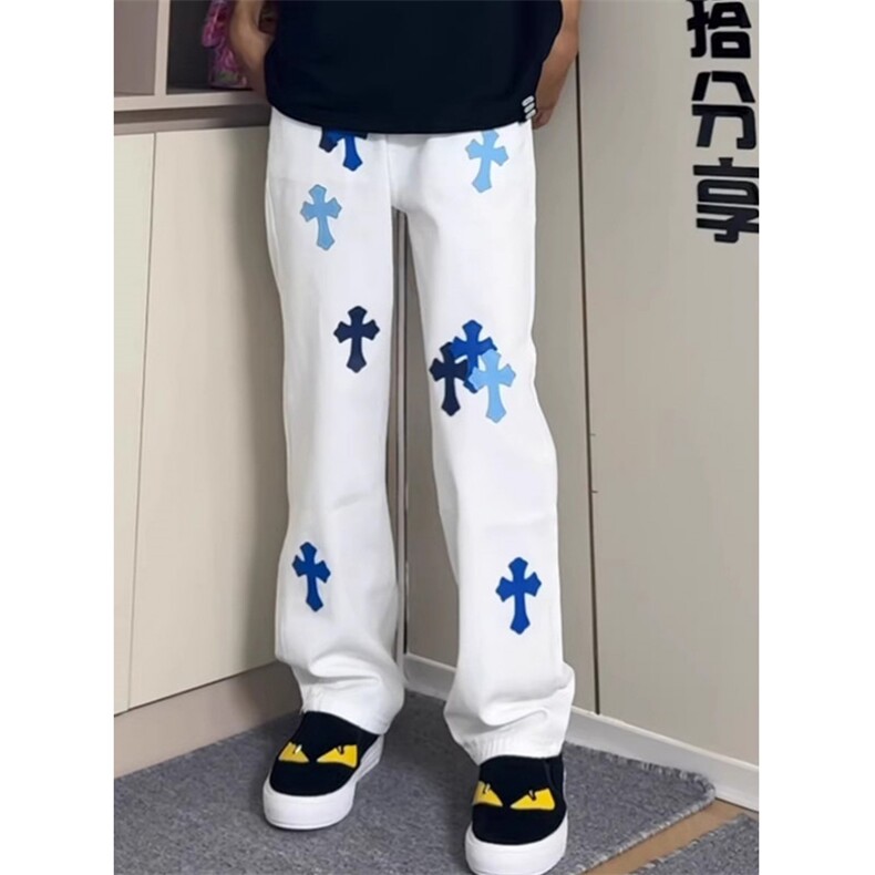 网红复古刺绣经典贴皮十字架白色牛仔裤男女宽松直筒长裤K32，男装皮裤，星座1116A（原606A-3）