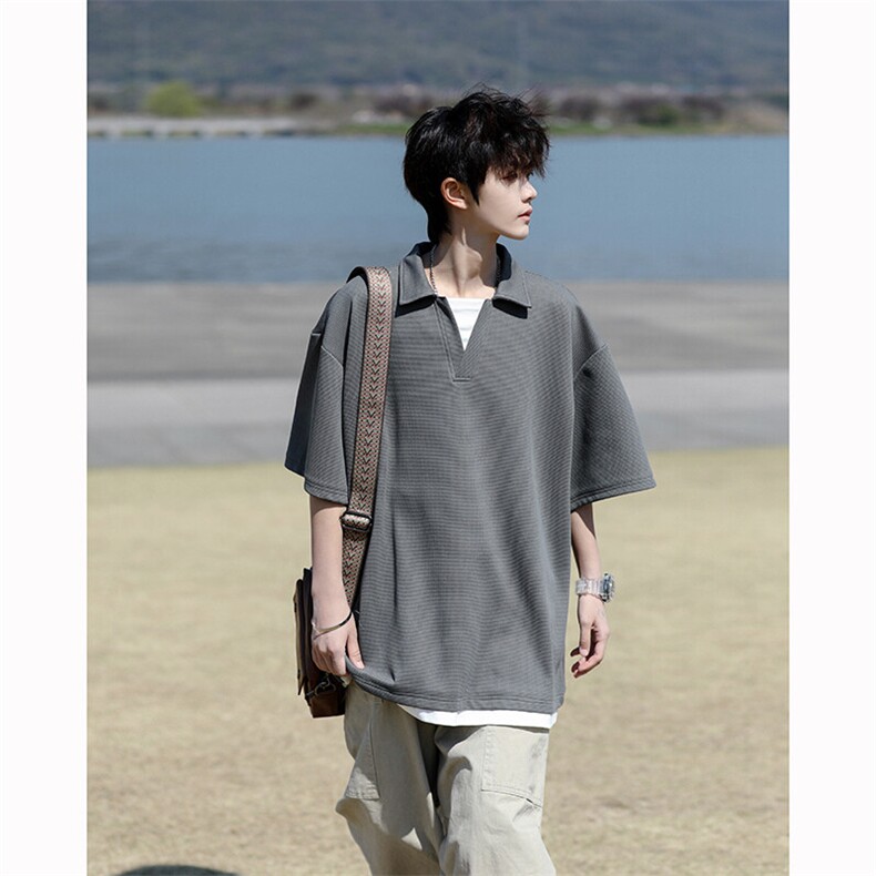 8XL-M假两件V领短袖t恤男夏翻领半袖宽松重磅华夫格大码DT001P40,男装T恤,电商B312