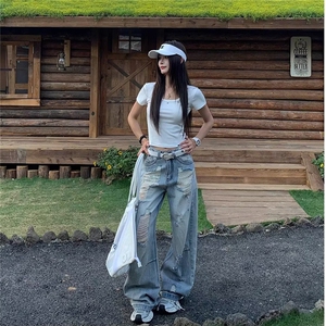 美式潮流设计感复古蓝色破洞牛仔裤新款宽松直筒磨破长裤子