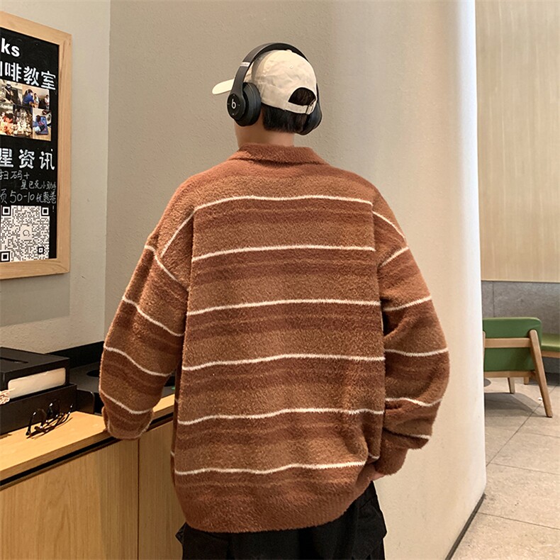秋冬季新款慵懒风软糯仿貂毛宽松休闲时尚拼色条纹百搭针织毛衣,男装针织衫/毛衣,星座410-7