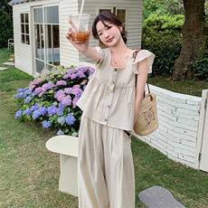 小香风飞袖套装裤女夏2024新款甜美奶乖松弛感穿搭阔腿长裤两件套，女装套装/套裙，维壹