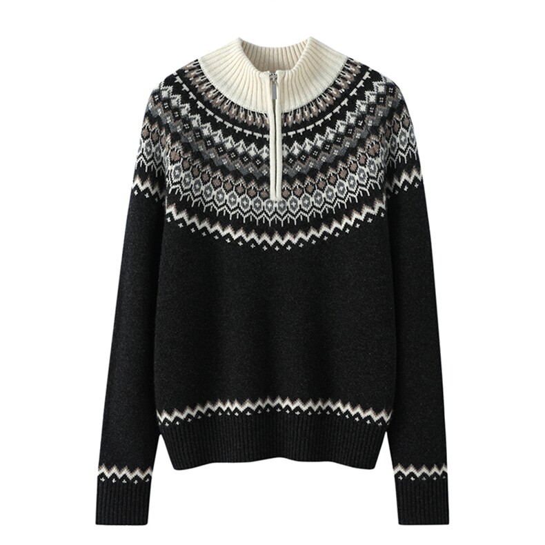 小禾同款费尔岛图案半拉链2024年秋季山羊绒针织衫，女装羊绒衫，东业羊绒