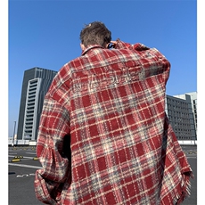 美式复古格子衬衫外套男春秋翻领刺绣夹克潮牌学生痞帅炸街上衣服，男装夹克，星座410-7