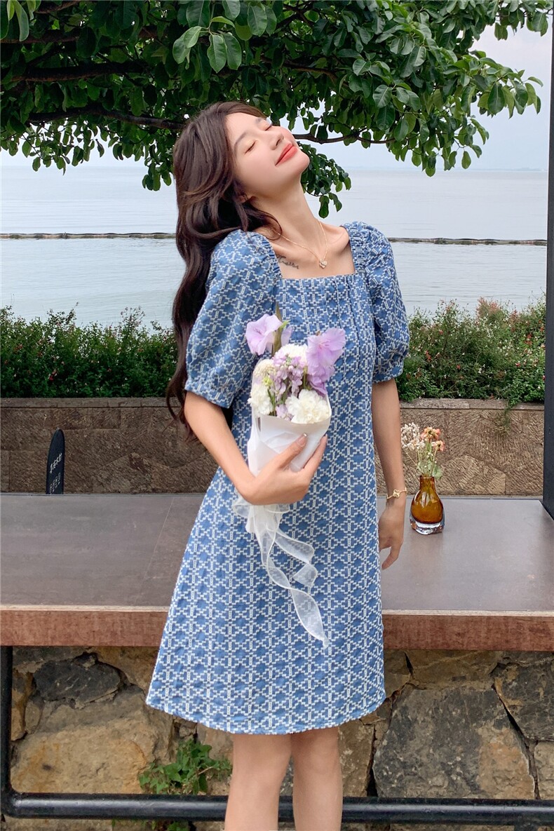 蓝色泡泡袖小个子连衣裙女2025夏季新款设计感格纹掐腰显瘦A字裙,女装连衣裙,2C206