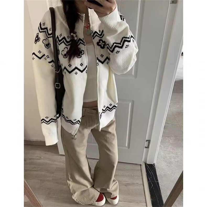美式宽松慵懒开衫毛衣男女冬季2025新款费尔岛花瓣针织外套上衣,男装针织衫/毛衣,星座601-1