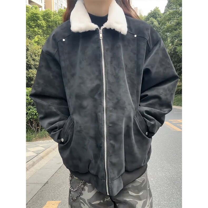 现货冬季美拉德毛领雾面PU皮棉服加绒加厚保暖百搭设计款情侣棉衣,男装棉衣,电商A443