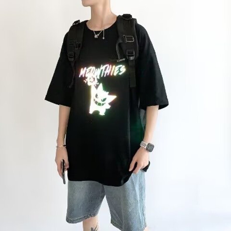 重磅美式复古个性设计反光五分短袖T恤男装潮牌ins夏季宽松上衣,男装T恤,星座218-8