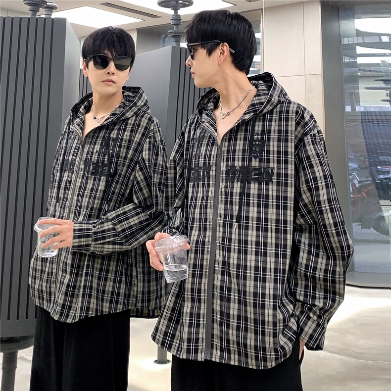 复古撞色格纹连帽长袖衬衫男美式休闲宽松情侣衬衣外套CS05-P65,男装衬衫,电商C307A