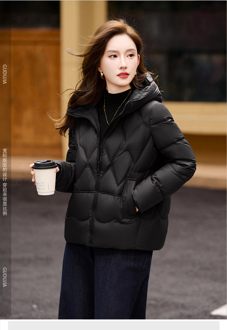 女冬季连帽菱格90白鸭绒保暖加厚外套,女装羽绒服,璐依舞