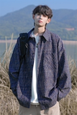 多巴胺棋盘格长袖衬衫男春秋季美式松弛感廓形潮流百搭帅气上衣服，男装衬衫，电商A001