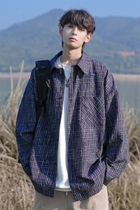 多巴胺棋盘格长袖衬衫男春秋季美式松弛感廓形潮流百搭帅气上衣服图片