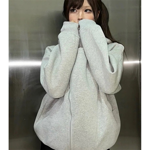 抖音得物品质 26春装美式重磅结构斜拉链高领连帽卫衣开衫外套W61图片