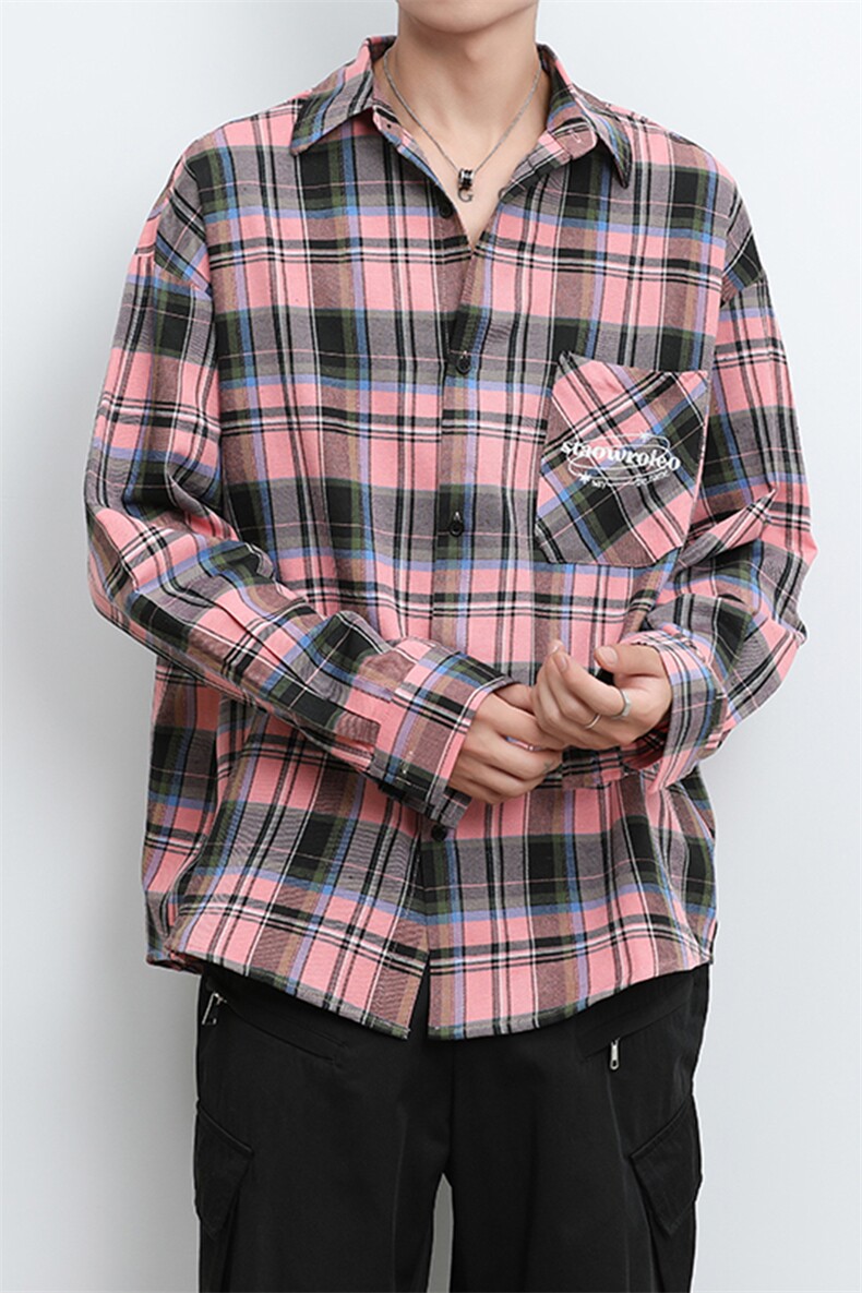 港风大码日子复古贴袋刺绣翻领格子长袖衬衫XZ213-CS8809-P55控68,男装衬衫,星座213