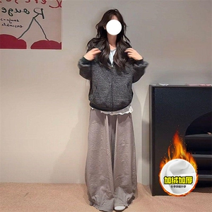 480G重磅加绒硬挺boxy 男女秋冬美式高街条纹毛呢卫衣开衫厚外套图片