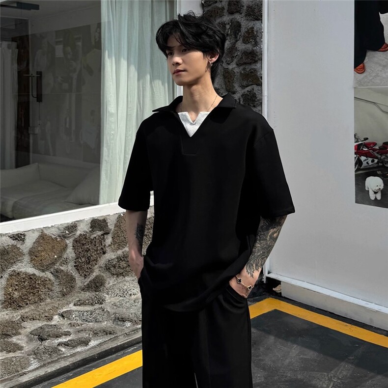 韩系拼接V领假两件轻奢风系带百搭条纹衬衫领短袖T恤TX332，男装T恤，星座208-5