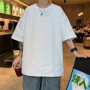 T8073/P30夏季港风宽松半袖潮短袖透气T恤男纯色提花上衣大码男图片