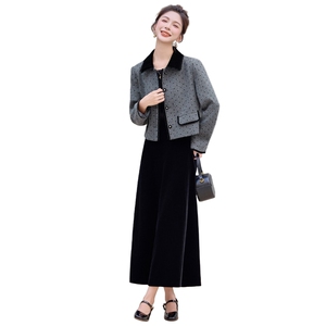 小香风套装女2025秋季新款巨好看的姐系贵感漂亮丝绒半身裙两件套图片