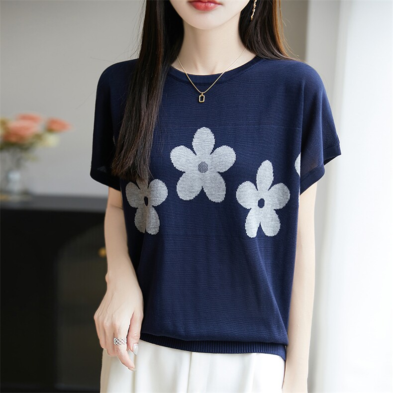 圆领拼色100%莱赛尔天丝针织短袖T恤女薄款显瘦上衣宽松半袖打底，女装针织衫/毛衣，郡淞羊绒