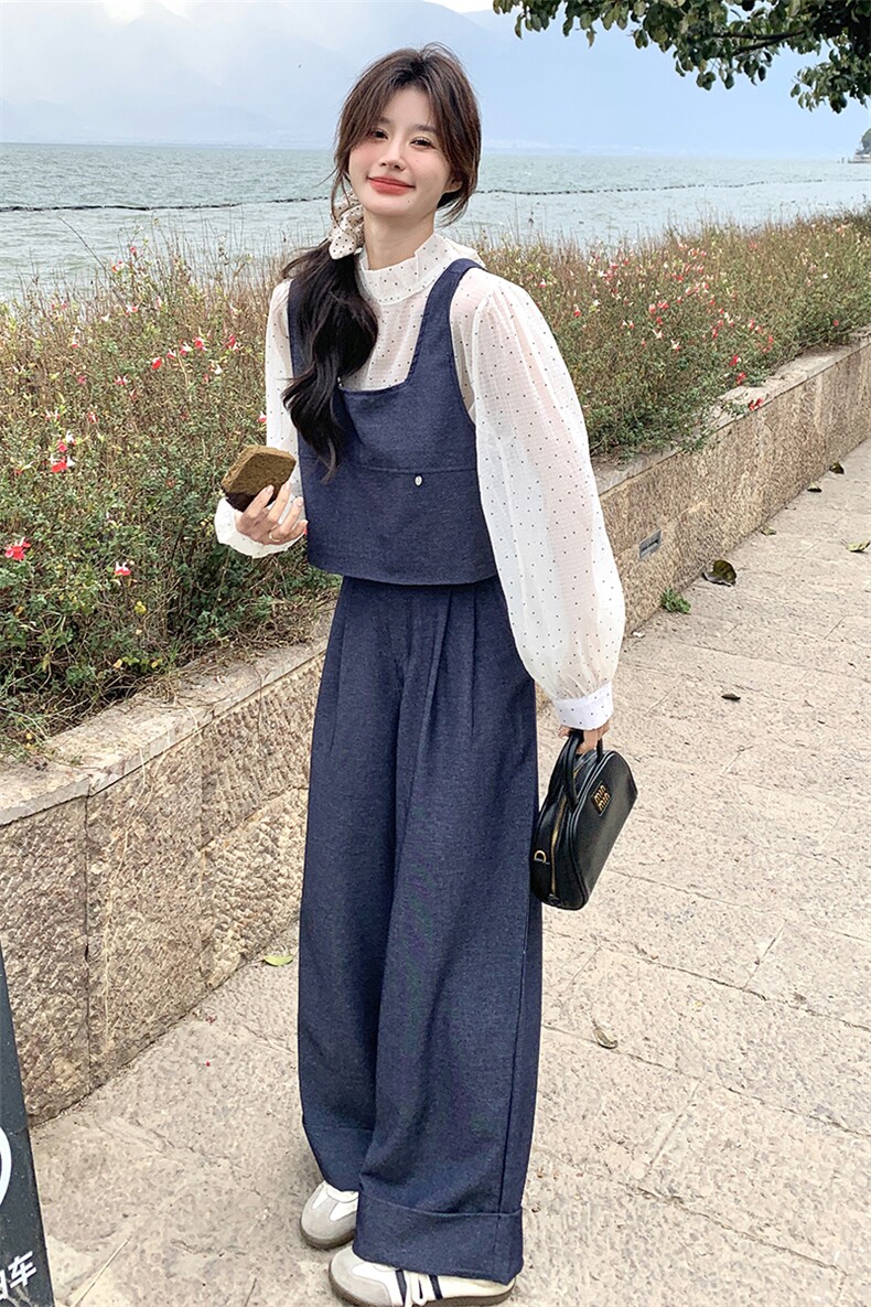 休闲减龄穿搭衬衫套装女初春秋超火好看高级小众背心阔腿裤三件套,女装套装/套裙,2C133