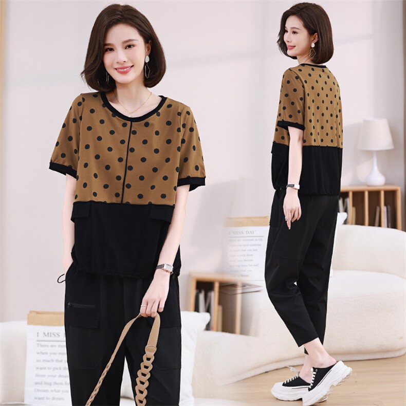 现货2023夏季新款时尚简约圆点拼接休闲套装两件套，女装套装/套裙，深水步