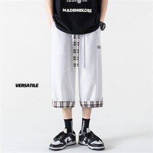 2023夏华夫格无影墙男大码休闲宽松翻边搭扣格子七分裤K23863-P35图片