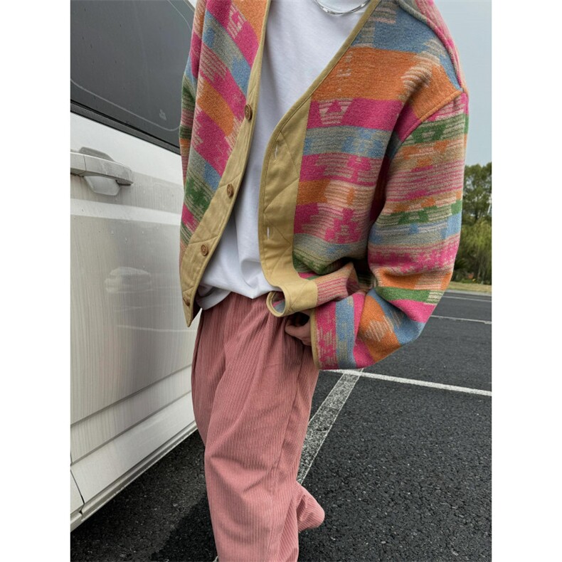 【有货】复古宽松民族风撞色V领彩虹夹克外套男3106CC-特P65,男装民族服装,星座1007（原301D）