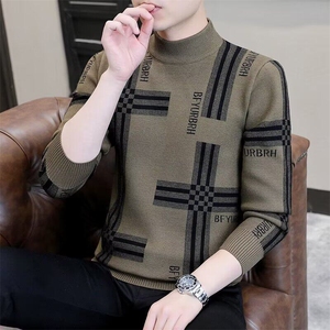 9059高档半高领提花毛衣男士新款保暖时尚休闲打底针织衫品质男装图片