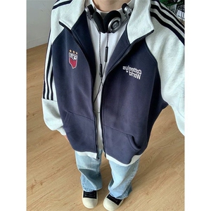 美式复古运动风夹克男士秋季绣花情侣款休闲立领开衫外套 W003图片