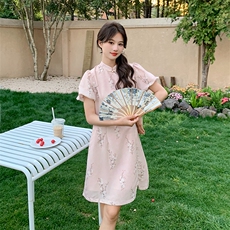 新中式盘扣收腰连衣裙女2025夏季新款气质温婉改良旗袍裙，女装连衣裙，浪娴服饰