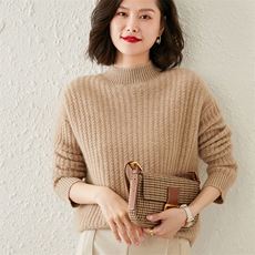 时尚百搭螺纹坑条长袖半高领女士时尚百搭，女装羊绒衫，澳冬特羊绒