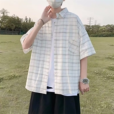 夏季短袖男生格子衬衫翻领衬衣宽松休闲上衣，男装衬衫，星座1013