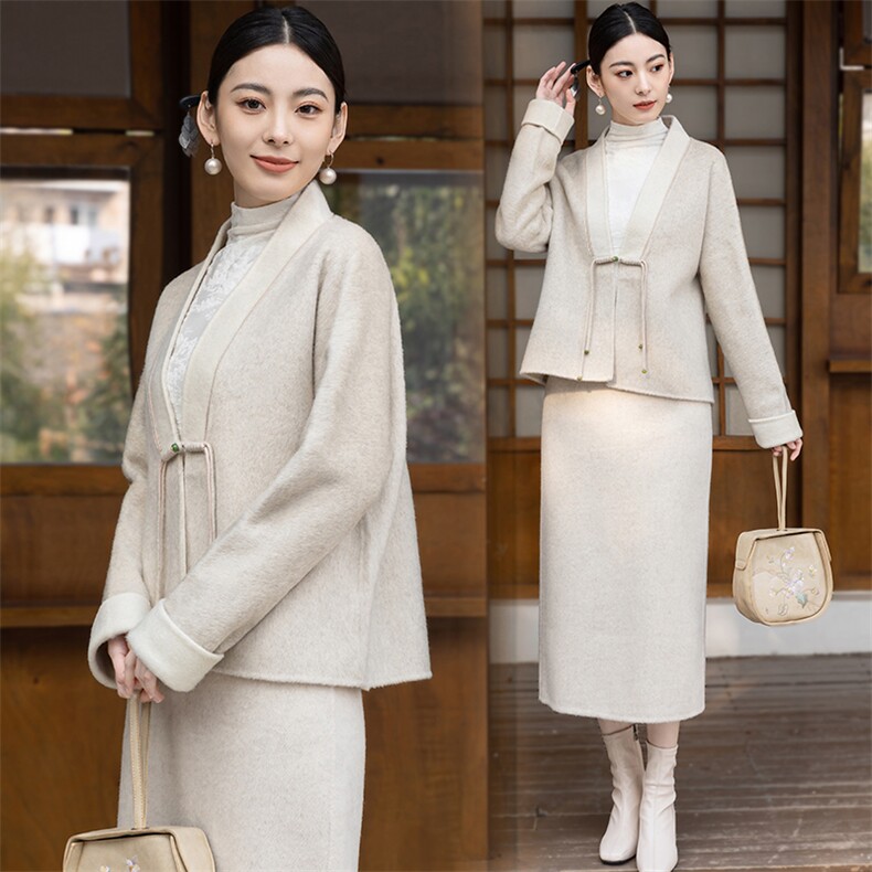 新中式国风改良汉服套装女春秋新款复古气质针织开衫半身裙两件套，女装套装/套裙，芷墨服饰