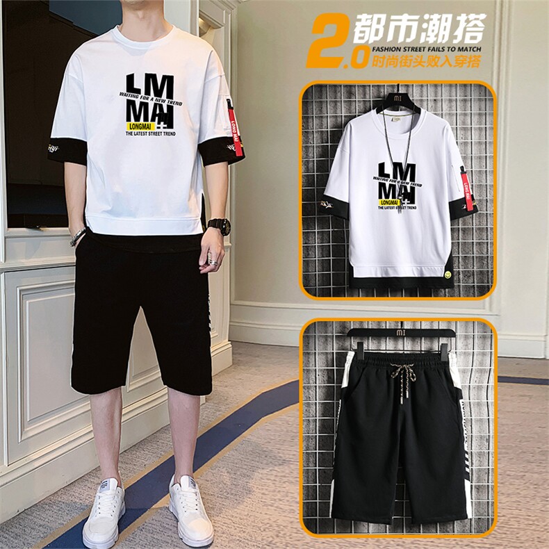 2021夏季新款休闲青少年大码纯棉潮短袖T恤男士学生套装TZ8536P50,男装休闲套装,星座217-4