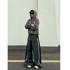 美式复古双腰头条纹拼接弯刀休闲裤百搭宽松长裤子男，男装休闲裤，星座506A
