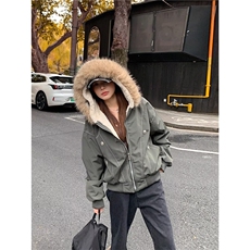 冬季保暖毛领连帽加绒夹克外套美式工装风派克服棉衣，男装夹克，星座506A