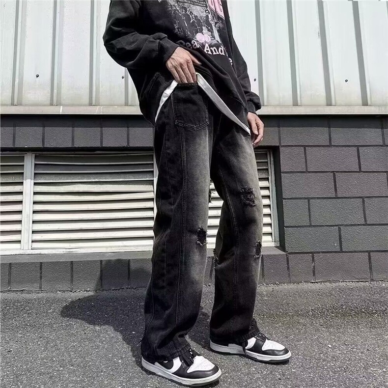 复古做旧破洞牛仔裤男夏季直筒宽松大码阔腿长裤高街潮牌拖地裤子,男装牛仔裤,星座218-1（原230）