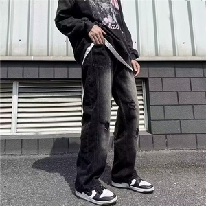 复古做旧破洞牛仔裤男夏季直筒宽松大码阔腿长裤高街潮牌拖地裤子图片