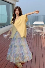 慵懒风宽松短袖套装女2025夏季新款法式上衣仙女碎花半身裙两件套，女装套装/套裙，2C115