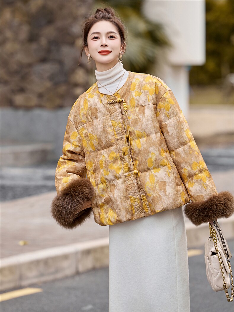 新中式90提花羽绒服2025年冬季新款高级感优雅气质白鸭外套,女装羽绒服,玖莱伊