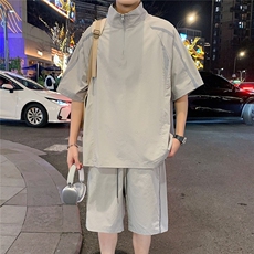 网络图夏季套装男士宽松反光条套头衬衫短裤套装，男装牛仔裤，星座410-7