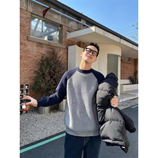 圆领毛衣男秋冬季潮牌拼色套头保暖打底衫休闲毛线加厚针织衫男款，男装T恤，星座506A