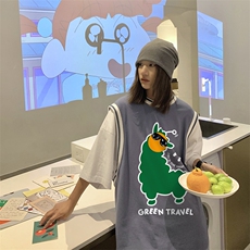 中性2022夏季新款设计感动物图案小领口条纹T恤T615P40控58，女装T恤，A247A