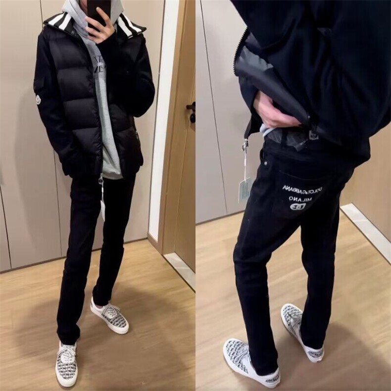 网红同款刺绣恶魔眼睛牛仔裤男潮牌黑色百搭修身小脚时尚休闲长裤，男装牛仔裤，星座506A