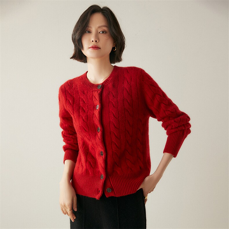 三股加厚~绞花山羊绒开衫2025秋冬女装通勤百搭针织羊毛毛衣外套,女装羊绒衫,绒创羊绒