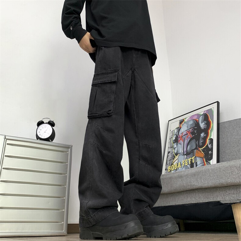 美式复古重工水洗做旧牛仔裤宽松男女小众多口袋工装裤子N400-P58，男装牛仔裤，星座308B-1