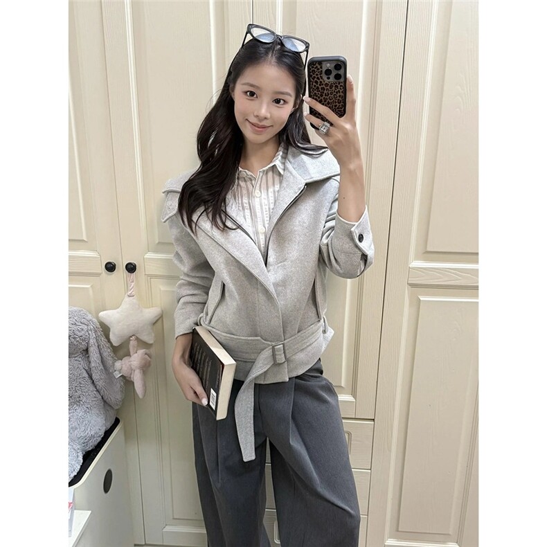 网图9926毛呢双层绑带外套浅灰色M到2XL,女装短外套,星座1210-1