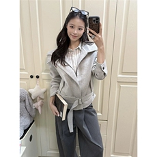 网图9926毛呢双层绑带外套浅灰色M到2XL，女装短外套，星座1210-1