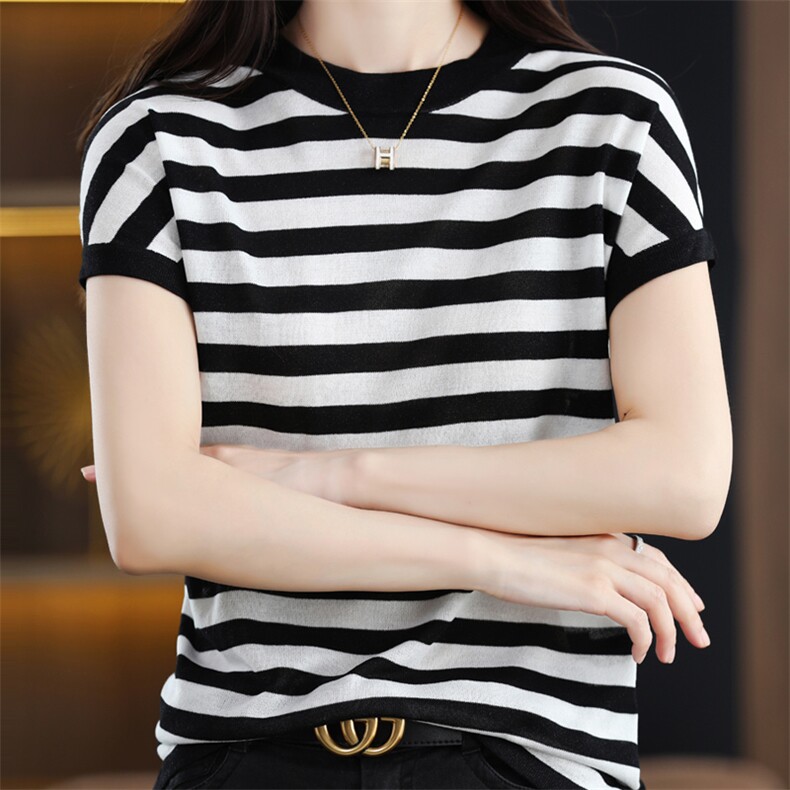 桑蚕丝短袖T恤女针织衫夏季宽松胖mm圆领套头半袖条纹休闲上衣薄,针织衫/毛衣,片语羊绒