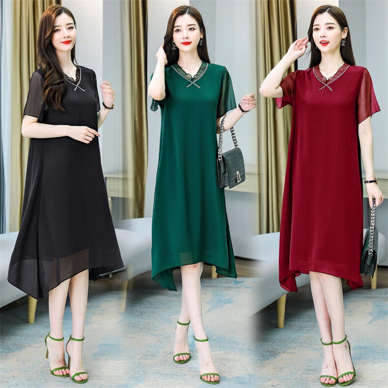 （现货）2025年夏季宽松腰通勤中长款短袖圆领雪纺纯色A字连衣裙，女装连衣裙，深妍伊美