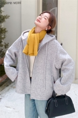 韩系连帽双面呢羊毛外套女2025秋冬新款加厚小个子高级感短款外套，女装毛呢外套，2D014